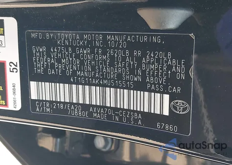 2021 Toyota Camry Se from USA, damaged, VIN 4T1G11AK4MU515515